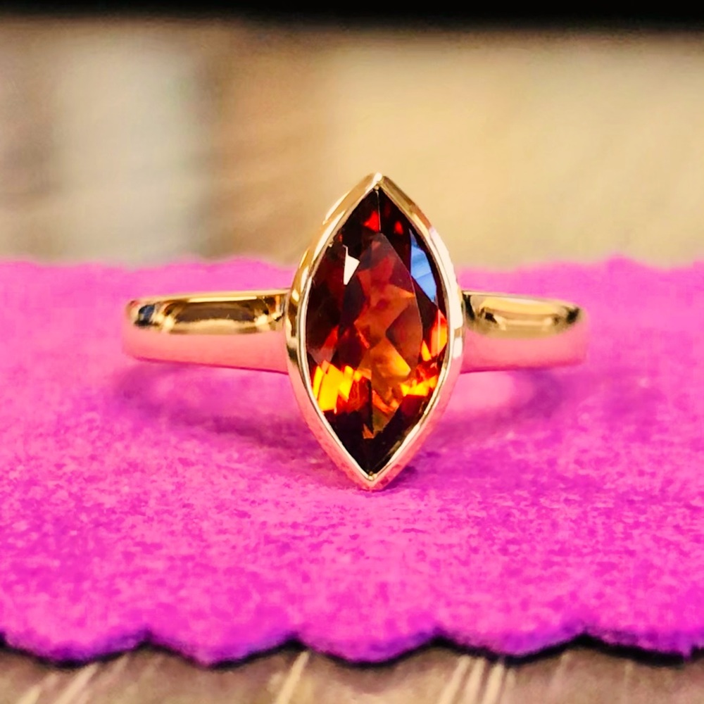 8.) New Brazilian Cherry Citrine Gold Solitaire Ring